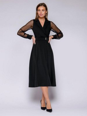 Платье черное длины миди с декоративным поясом и фатиновыми рукавами