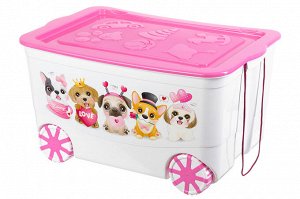 Ящик для игрушек 55 л 61*41*33 см "KidsBox" "Милые щенки" белый с розовой крышкой, на колёсах