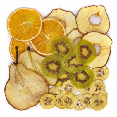 Ассорти из фруктов: Груша, яблоко, апельсин, банан, киви — Фруктовые чипсы / снеки