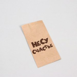 Пакет бумажный с приколом, крафт, "Несу счастье", V-образное дно, 20 х 10 х 7 см