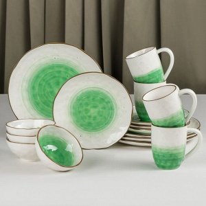 Набор посуды керамический Доляна «Космос», 16 предметов: 4 тарелки d=21 см, 4 тарелки d=27,5 см, 4 миски d=13 см, 4 кружки 400 мл, цвет зелёный