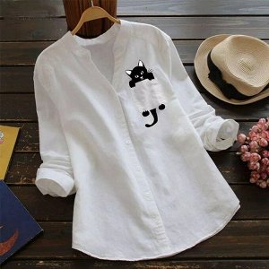 Рубашка Женская 5505 "Кошка В Кармане" Белая