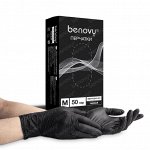 BENOVY Nitrovinyl, перчатки нитровиниловые, гладкие, черные, M, 50 пар в упаковке