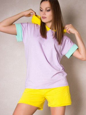 Костюм женский: футболка с капюшоном, принт LARETTO + шорты, лиловый