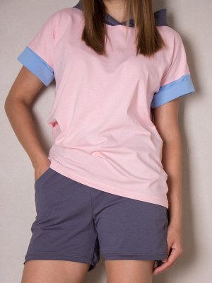 Костюм женский: футболка с капюшоном, принт LARETTO + шорты, розовый