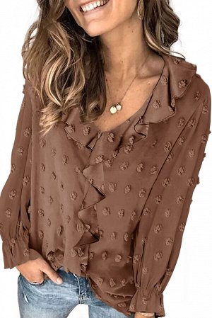Коричневая блуза в горошек с V-образным вырезом и рюшами