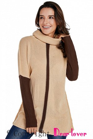 Бежевый пуловер-туника с коричневыми рукавами и полосой спереди