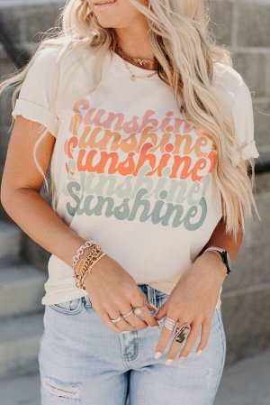 Белая футболка с разноцветной надписью: Sunshine