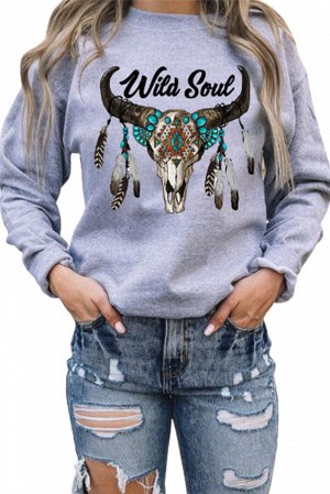 Сиреневый свитшот с принтом "череп буйвола" и надписью: Wild Soul