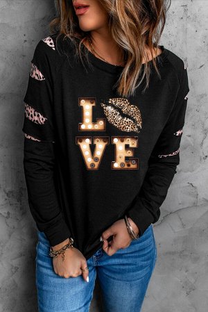 Черный свитшот на одно плечо с разрезами и леопардовыми вставками на рукавах и надписью: Love