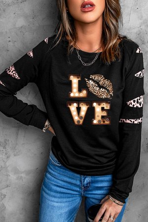 Черный свитшот на одно плечо с разрезами и леопардовыми вставками на рукавах и надписью: Love