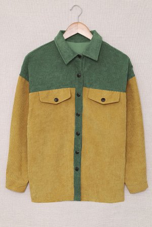 Желто-зеленая вельветовая куртка с застежкой на пуговицах