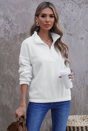 Белый флисовый пуловер-свитшот с воротником с застежкой на молнии