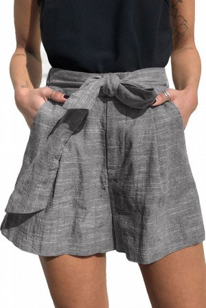 Черно-меланжевая льняная юбка-шорты с поясом-бантом и прорезными карманами