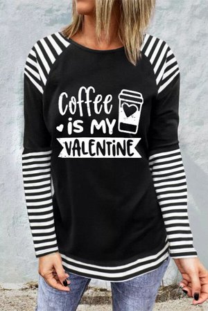 Черно-белый топ с длинными рукавами в полоску и надписью: Coffee is My Valentine