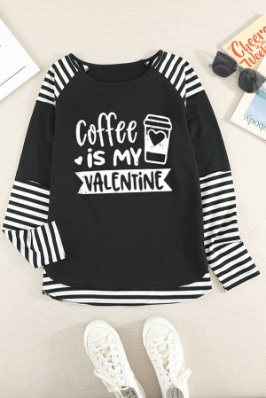 Черно-белый топ с длинными рукавами в полоску и надписью: Coffee is My Valentine