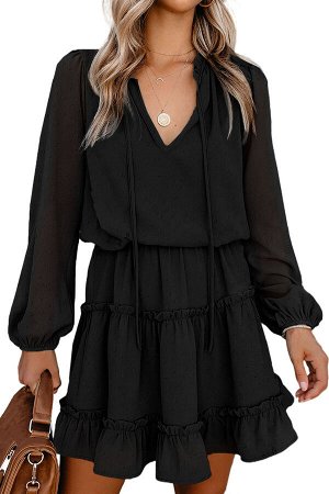 Черное свободное мини-платье с V-образным вырезом и оборками