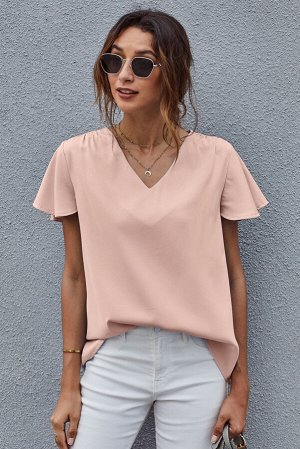 Розовая блуза с V-образным вырезом и короткими расклешенными рукавами