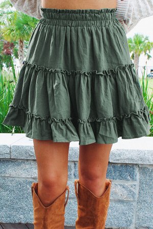 Зеленая многоярусная присборенная юбка с завышенной талией и оборками