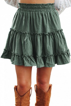 Зеленая многоярусная присборенная юбка с завышенной талией и оборками