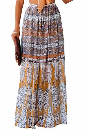 Коричневая длинная юбка с разноцветным орнаментом в стиле бохо