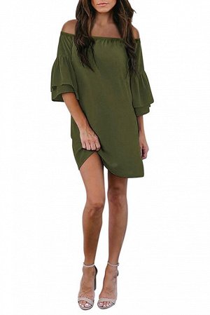 Зеленое свободное мини платье с открытыми плечами и воланами на рукавах