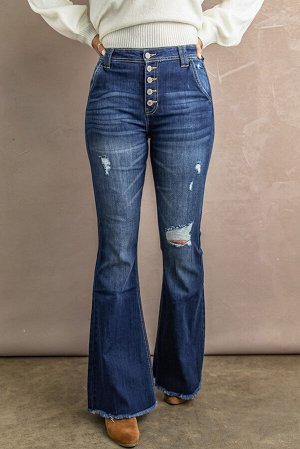 Темно-синие расклешенные рваные джинсы с завышенной талией и необработанными краями