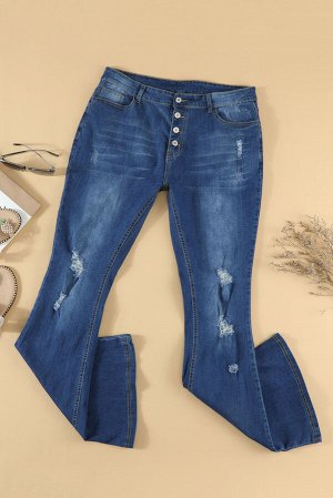 Синие рваные джинсы-клеш с потертостями и застежкой на пуговицах