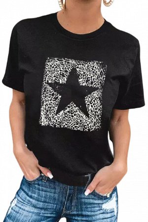 Черная футболка с леопардовым принтом звезда