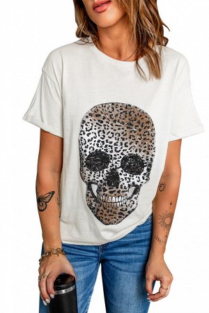 Белая футболка с леопардовым принтом череп