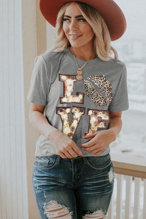 Серая футболка с леопардовой надписью: Love