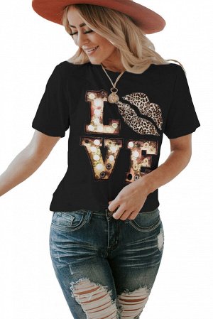 Черная футболка с леопардовой надписью: Love