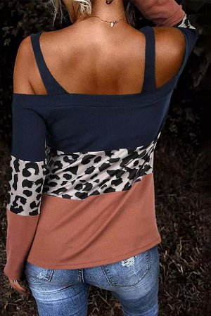 Сине-коричневая блуза с открытыми плечами на бретельках и леопардовым принтом