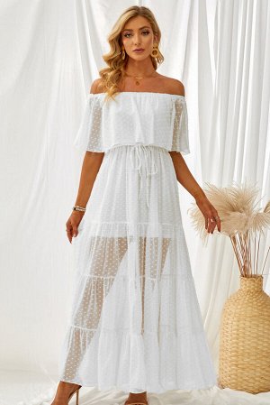 Белое полупрозрачное платье в горошек с открытыми плечами