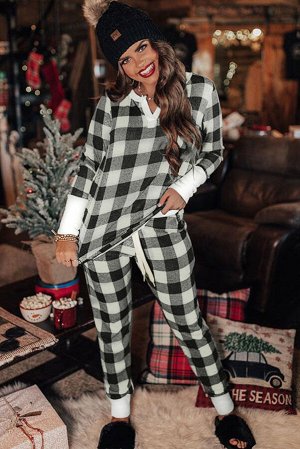 Black Christmas Plaid Print Long Sleeve Top and Pants Lounge Set