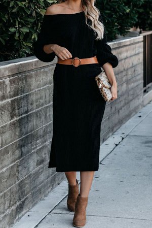 Черное миди платье-свитер с поясом на талии и открытыми плечами