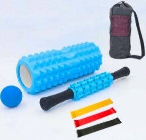 Набор: массажный валик 33 см + фасциальный мяч + массажный ролик + набор из 3 эластичных лент + сумка-переноска