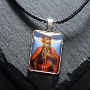 Нательная икона "Святой апостол Пётр" на шнурке, цвет красный в серебре