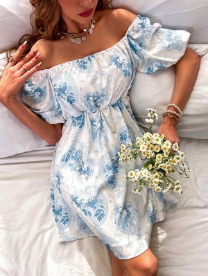 Платье со случайным цветочным принтом с принтом с открытыми плечами с пышным рукавом