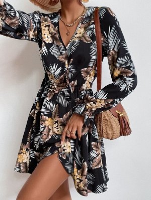 Платье с тропическим принтом и рукавами-воланами