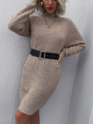 Платье-свитер в рубчик с воротником-стойкой с рукавом-реглан без пояса