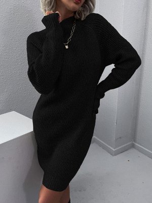 Платье-свитер вязаный в рубчик с воротником-стойкой с рукавом-реглан без пояса