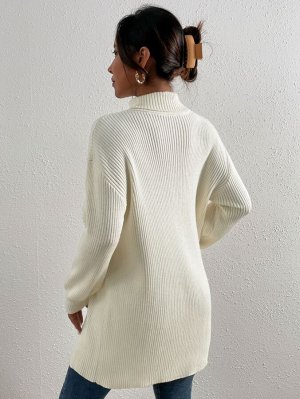 Платье-свитер с высоким воротником вязаный в рубчик без пояса