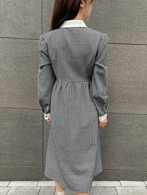 DAZY Платье-рубашка с принтом "хаундстут" с контрастным воротником с пышным рукавом