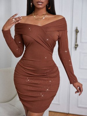 SXY Облегающее платье со сборками с открытыми плечами