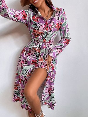 Платье-рубашка с цветочным принтом с поясом