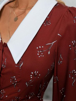 Simplee Платье-рубашка с цветочным принтом с контрастным воротником с ушком с пряжкой с поясом