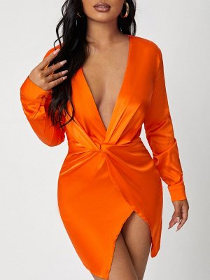 Платье с запахом неоновый оранжевый с драпировкой