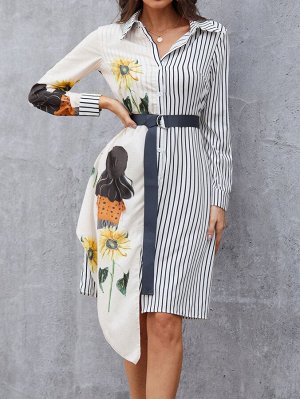 Асимметричное платье-рубашка с принтом подсолнечника в полоску с поясом
