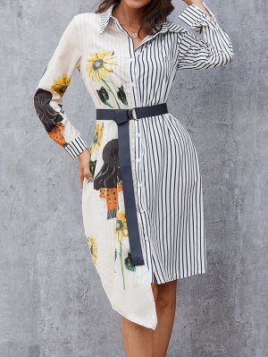 Асимметричное платье-рубашка с принтом подсолнечника в полоску с поясом